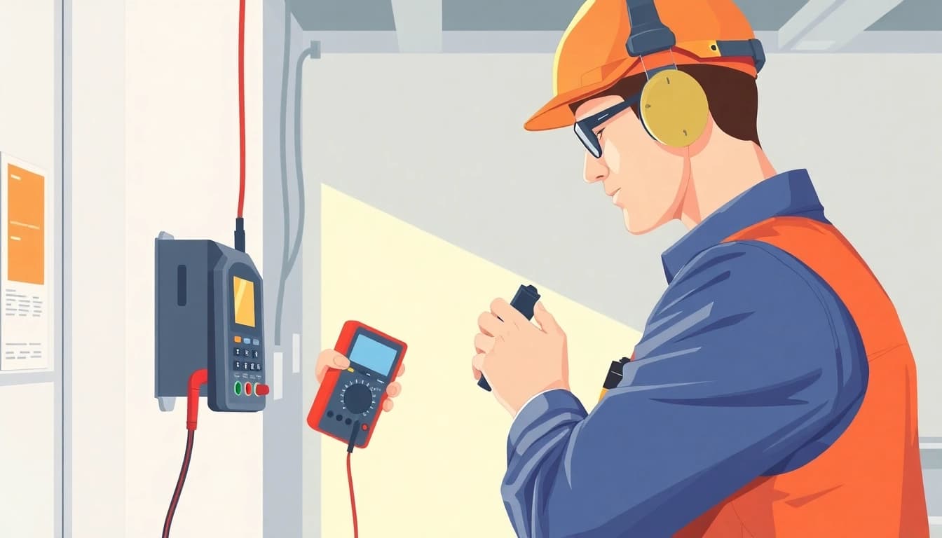 Technician conducting prüfung ortsveränderlicher elektrischer betriebsmittel with essential tools and safety gear.
