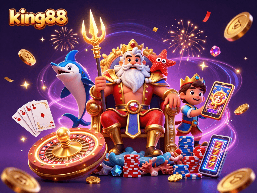 Experience the action with king88 in this vibrant, dynamic gaming scene featuring thrilling casino elements.
