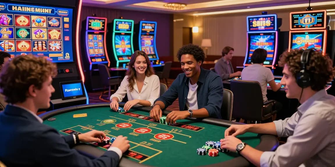 Aufgeregte Spieler genießen Spiele in einem Paysafe Card Casino mit lebendiger Grafik und dynamischer Atmosphäre.
