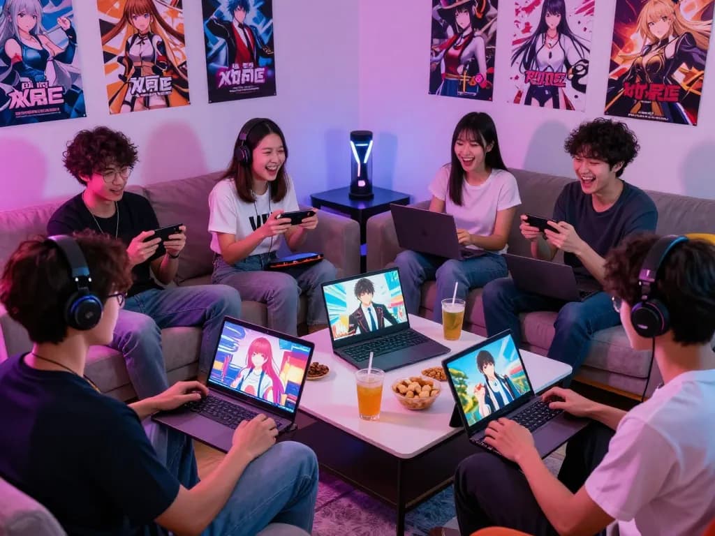 Engaging gaming scene featuring friends playing popular porn ganes together on various devices in a neon-lit setting.
