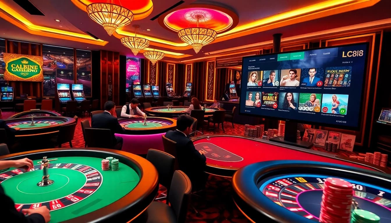 Experience the luxury of lc88 game with vibrant casino visuals featuring dynamic card tables and slot machines.
