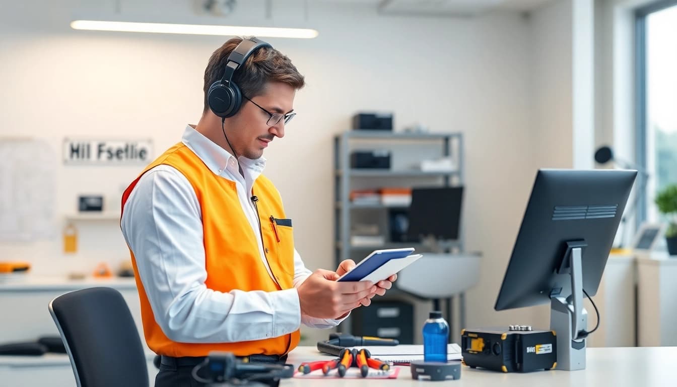 Technician performing Prüfung ortsveränderlicher elektrischer Betriebsmittel using advanced safety equipment.