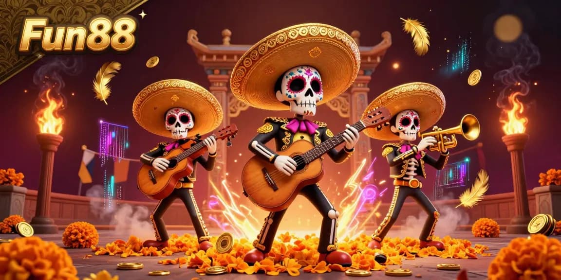 Engage with the vibrant energy of Fun88 featuring a Día de los Muertos mariachi band in a lively casino setting.