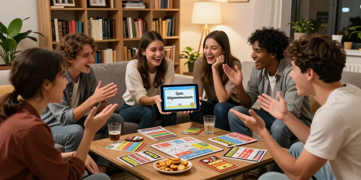 Friends enjoying a fun trivia quiz session with Quiz Allgemeinwissen themes in a cozy living room.