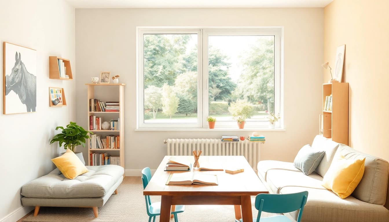 Gestalten Sie einen inspirierenden Lernraum für Heimunterricht mit hellen Farben und vielfältigen Lernmaterialien.
