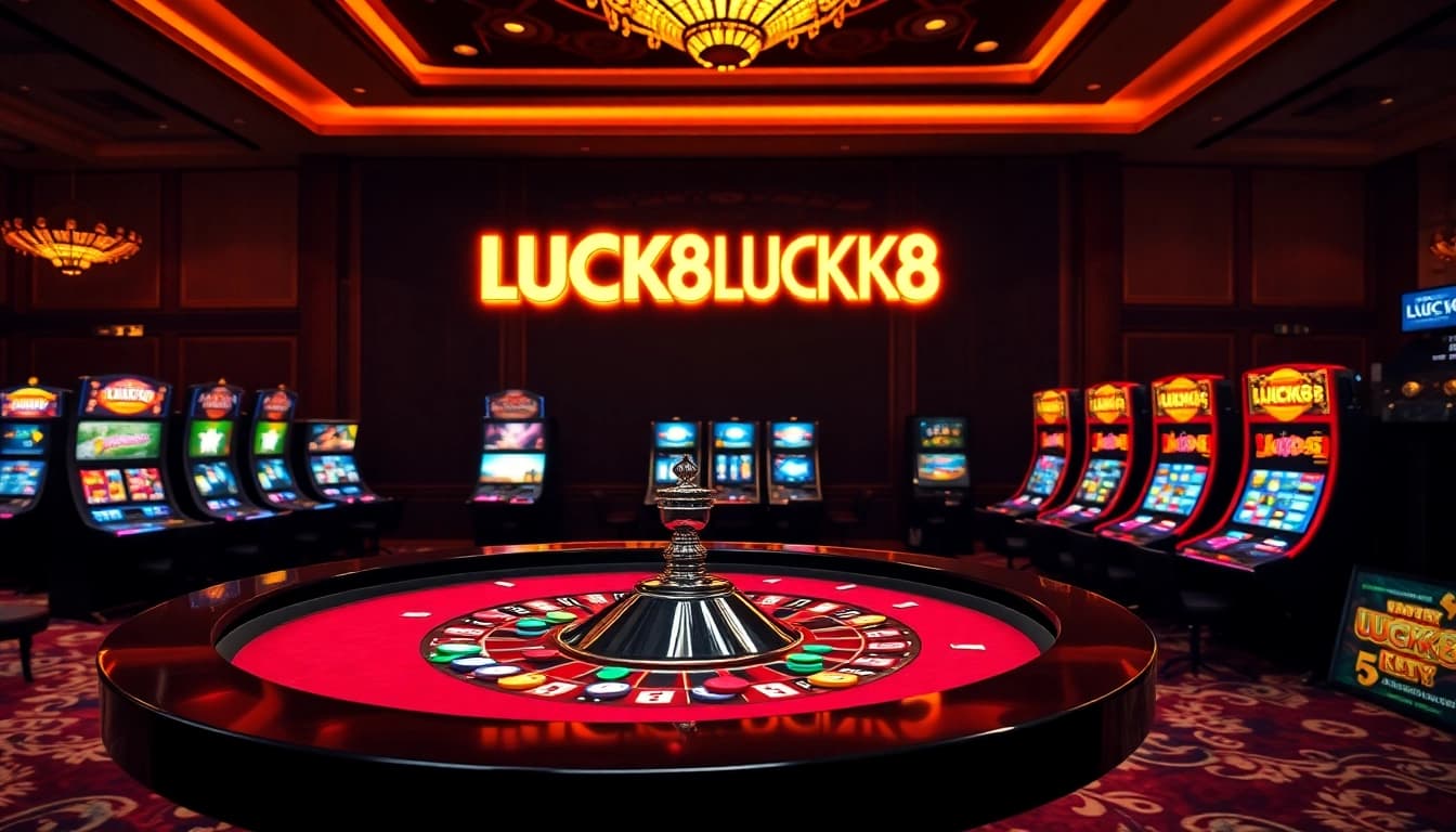 Bầu không khí casino hấp dẫn với bàn roulette và máy đánh bạc thể hiện thương hiệu LUCK8 và LUCKY8.