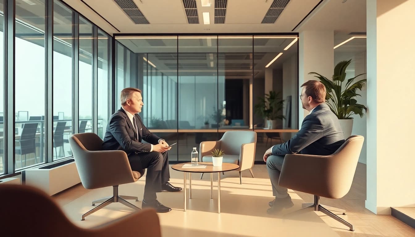 Unternehmensberatung in Aktion: Berater diskutieren bedeutende strategische Lösungen in einem modernen Büro.