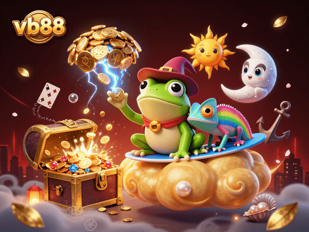 Engage with vb88 through a vibrant 3D digital scene featuring winning casino elements and magical characters.