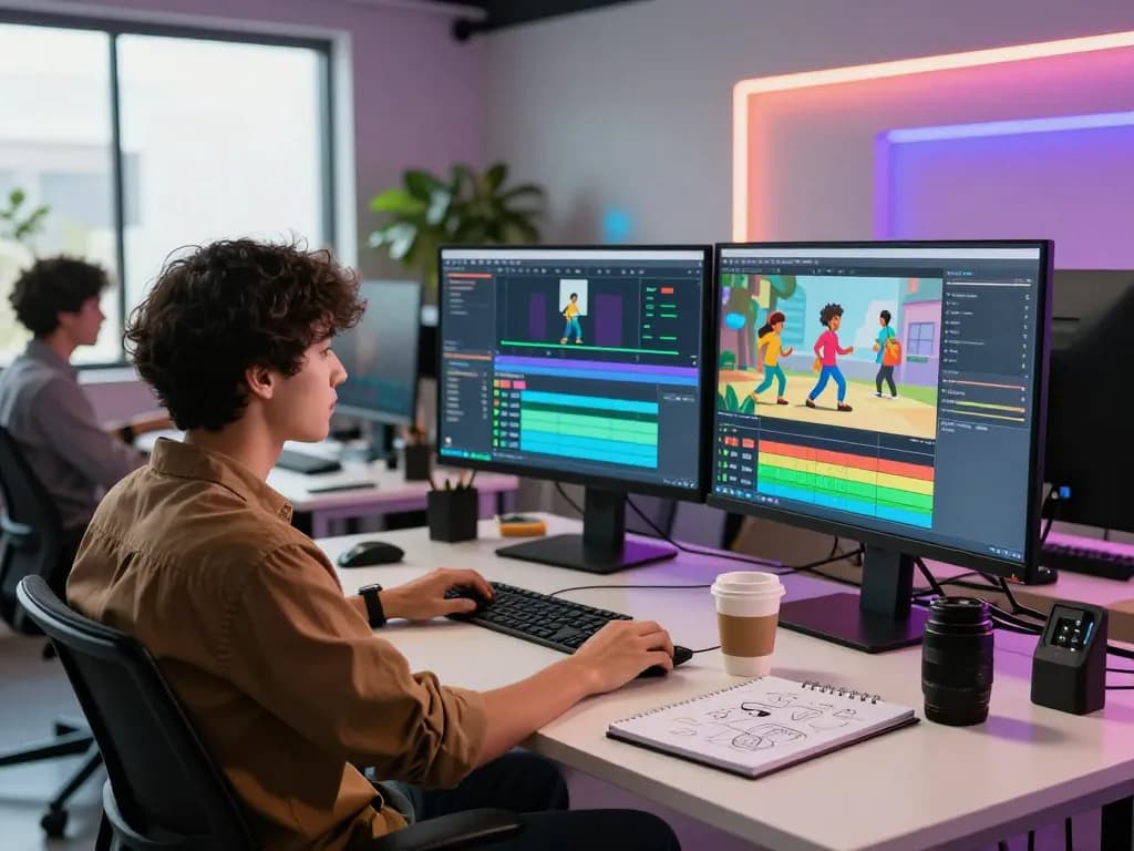 Motion control workspace with animated graphics and tech equipment showcasing innovative video production techniques.