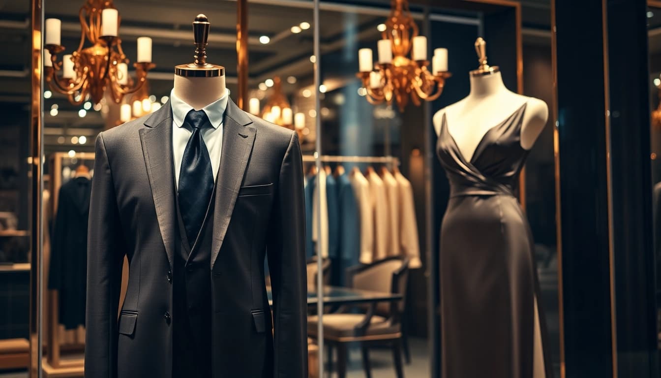 Alvionz showcases an elegant evening gown and tailored suit in a luxury fashion boutique.