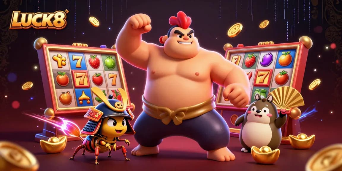 Engage with LUCK8's dynamic casino atmosphere featuring exciting characters, vibrant slot games, and captivating elements.