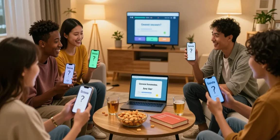 Quiz Allgemeinwissen in geselliger Runde mit Freunden im Wohnzimmer.