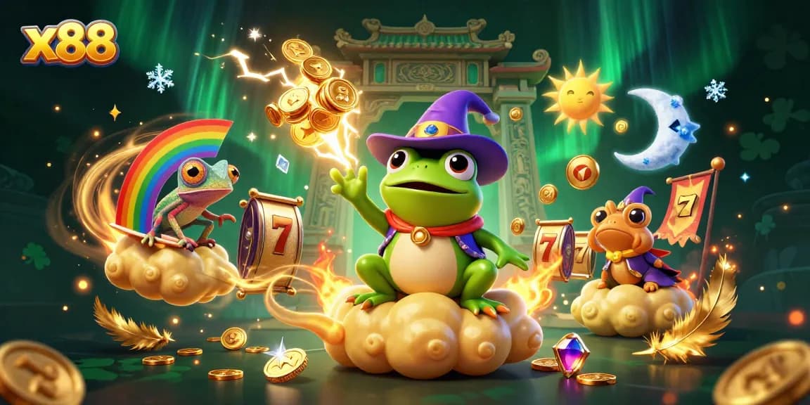 Experience x88 as the weather wizard frog conjures golden coins amidst a vibrant, dynamic casino environment.