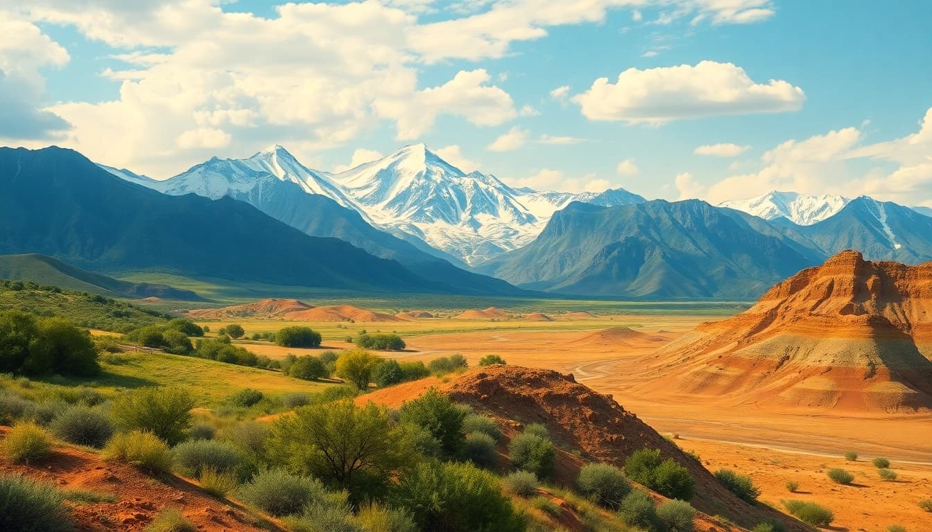 Klima diversity illustrated through contrasting landscapes: lush, snowy, and arid environments.