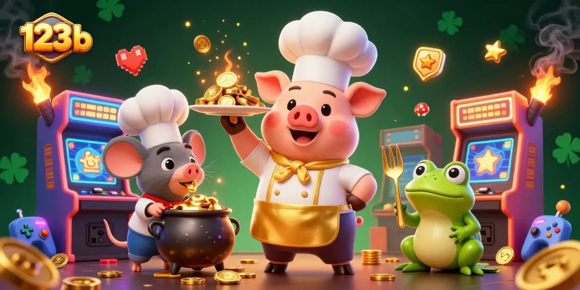 Engage with 123 b in this vibrant casino-themed digital illustration featuring a chef pig and golden coins.