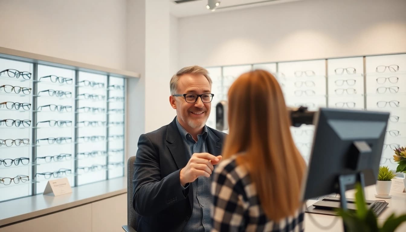 Optometrist performing a Sehtest Nürnberg with new glasses in a welcoming office environment.