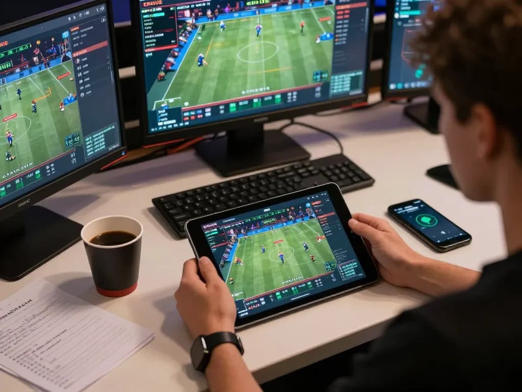 Player engaging with mk8 sports betting on a tablet, focused and strategizing.