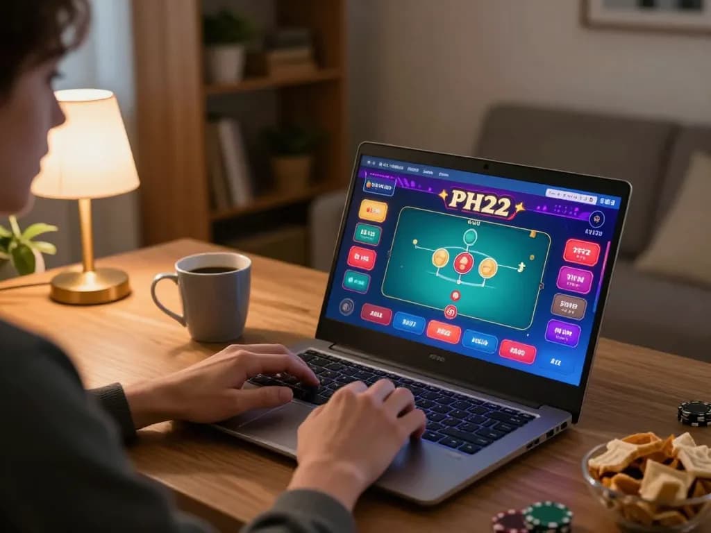 Player engaging with PH22 online casino on laptop at home, showcasing warm atmosphere and strategic gameplay.