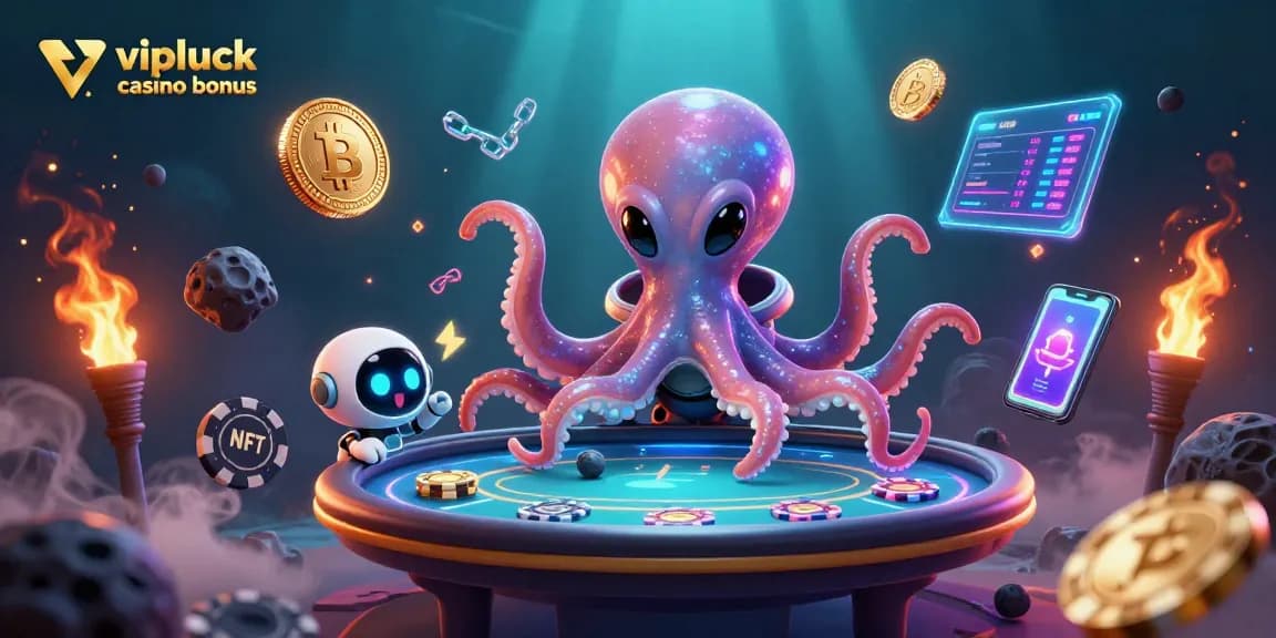 Erleben Sie den vipluck casino bonus mit einem Alien-Oktopus und holographischen Poker-Elementen für aufregenden Spielspaß.