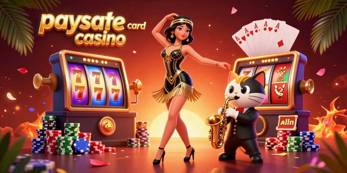 Fesselnde Szene eines Paysafe Card Casinos mit lebhaften Spielautomaten, einer tanzenden Frau und einer Saxophon spielenden Katze.