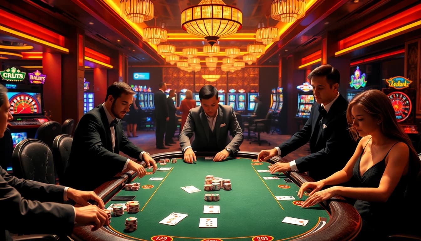 Experience the thrill of 88i nhà cái with players engaging at a luxurious casino table and slot machines.