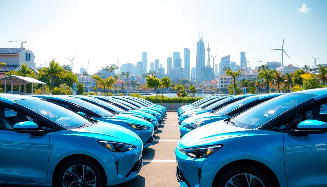 Elektroautos in einer modernen Stadtlandschaft mit futuristischen Designs und umweltfreundlichen Elementen.