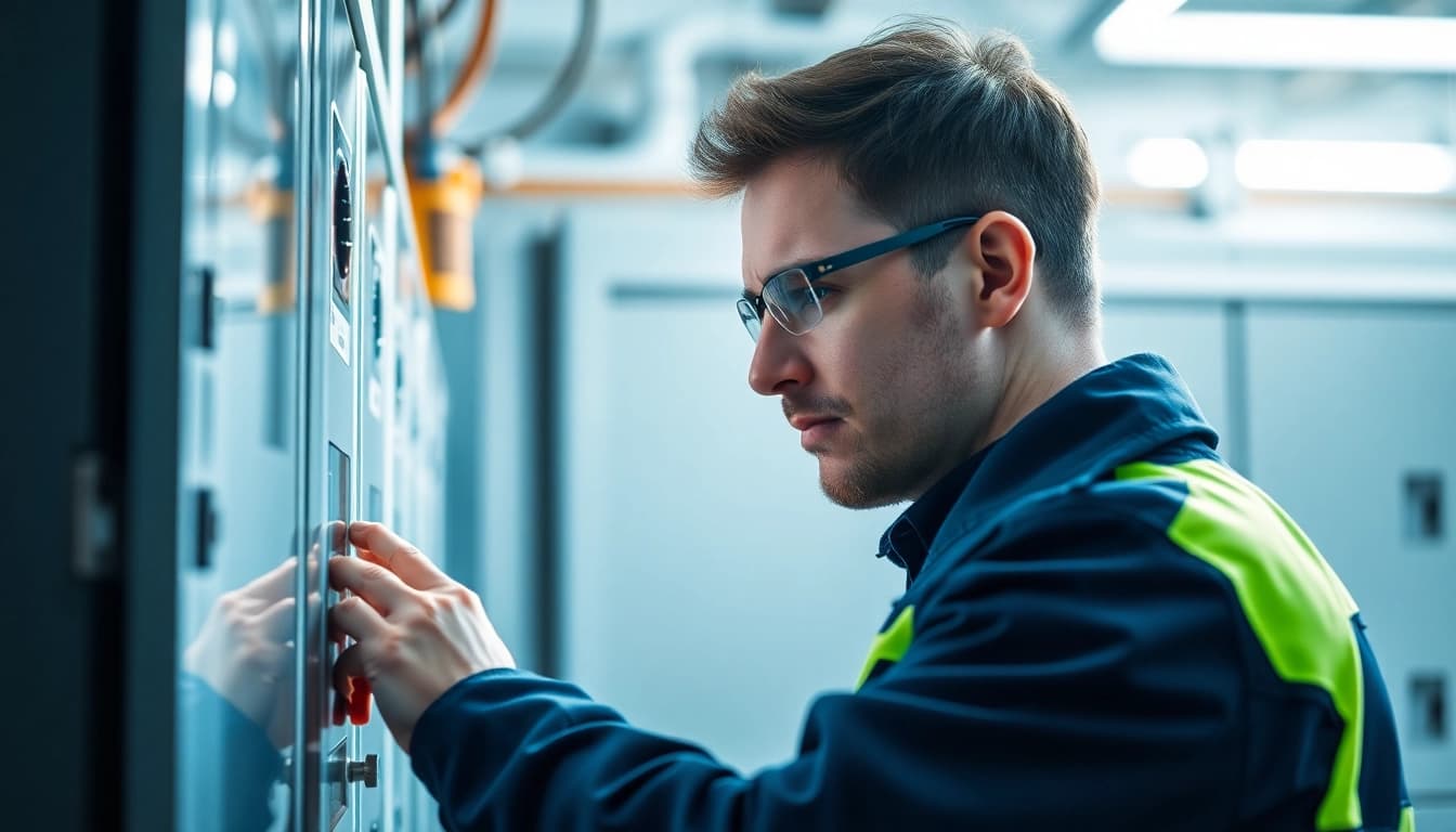 Technician conducting a DGUV V3 Prüfung on electrical equipment, ensuring workplace safety and compliance.
