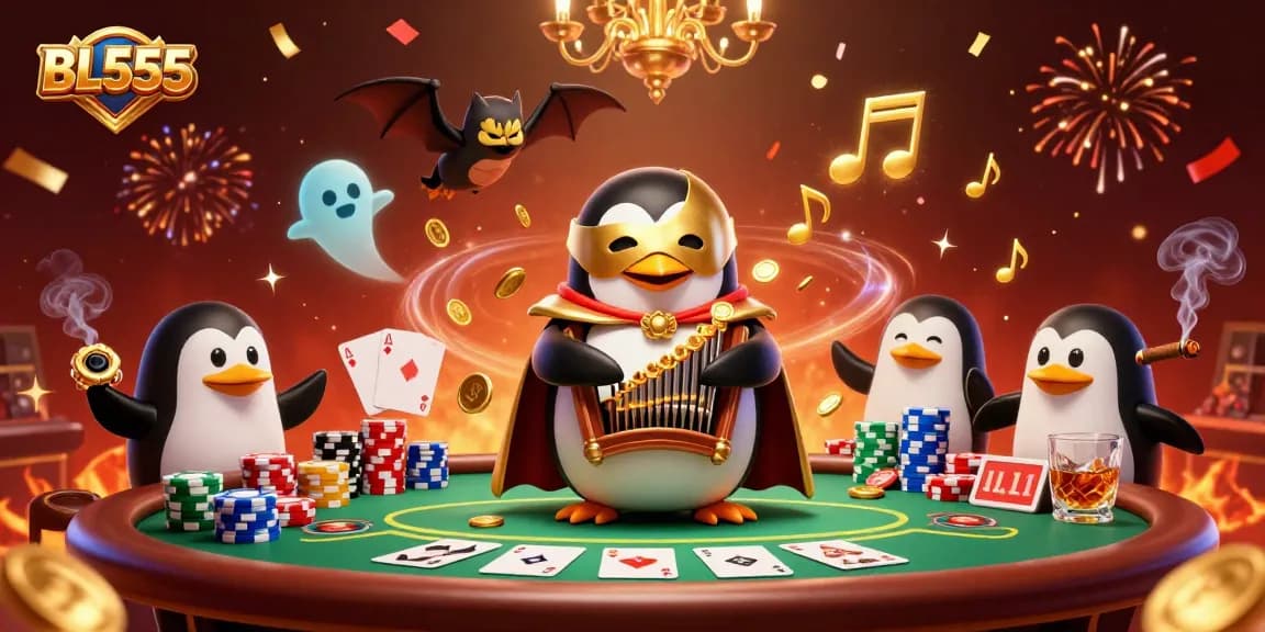 Play thrilling games at BL555, featuring a vibrant casino atmosphere with colorful poker elements.