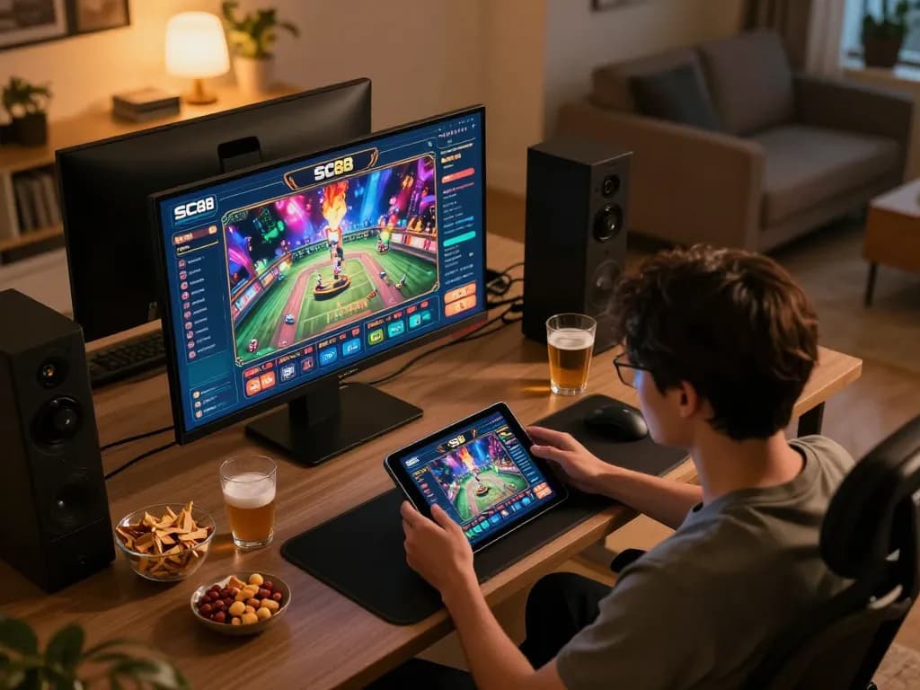 Player engaging with the SC88 casino app on tablet during a cozy gaming session.