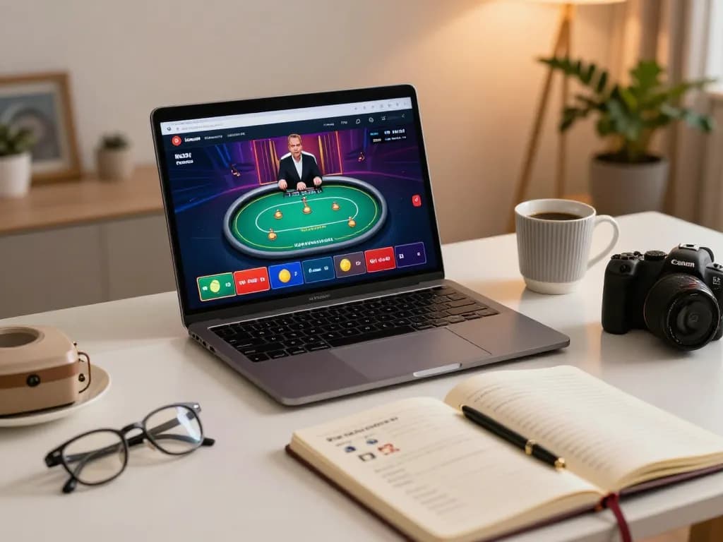Engaging in online poker at home, showcasing go8s gaming setup with warm lighting and strategic notes.