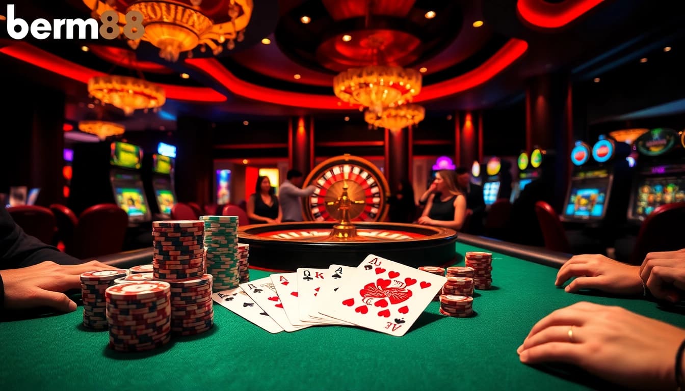 Experience the excitement of bem88 with a lively poker game featuring vibrant chips and cards.