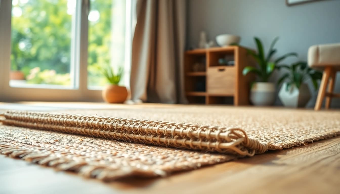 Die Hanfmatte zeigt ihren natürlichen Look und die umweltfreundlichen Eigenschaften in einem wohnlichen Ambiente.