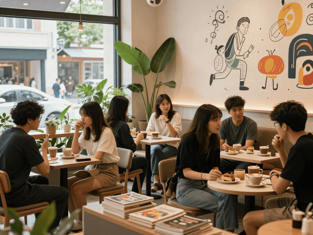Social gathering at a café showcasing rokok88 lifestyle with coffee, conversation, and cozy decor.