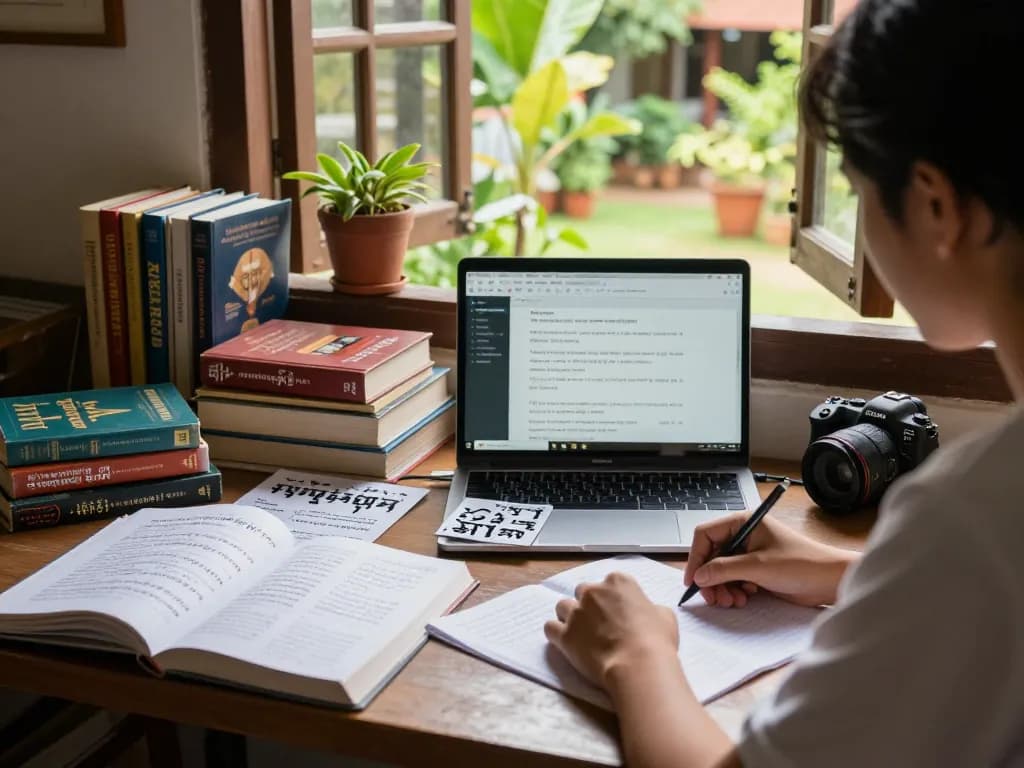 Studienraum mit Ressourcen zur Khmer-Schrift und handschriftlichen Notizen