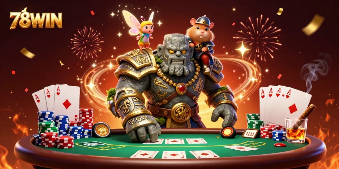 Experience the excitement of 78WIN with a vibrant casino scene featuring fantasy characters and poker action.
