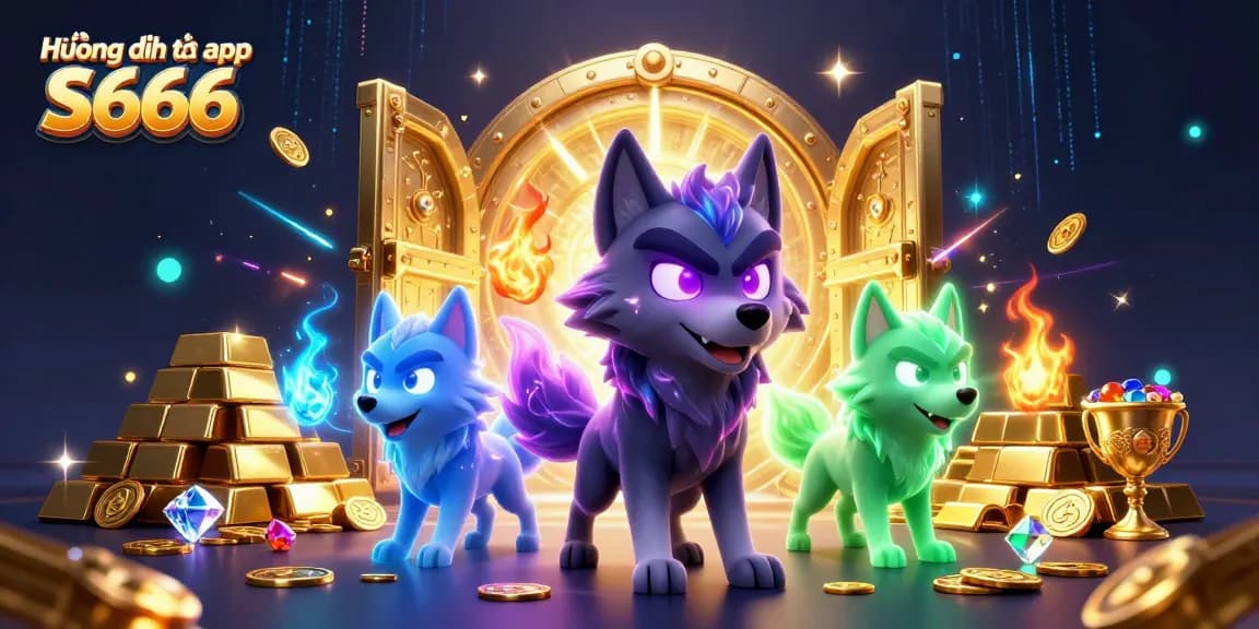 Experience Hướng dẫn tải app S666 with a captivating illustration of a powerful wolf leader and rich treasures.