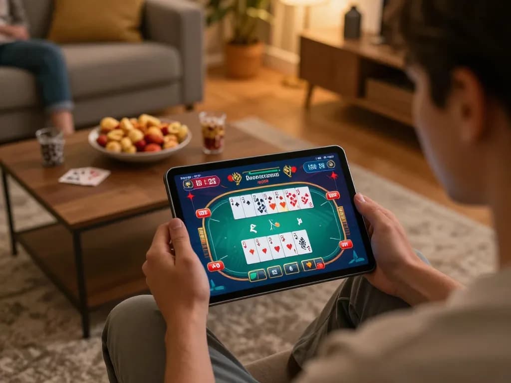 Engaging in online poker gameplay with bet88vn, showcasing a vibrant interface and cozy home setting