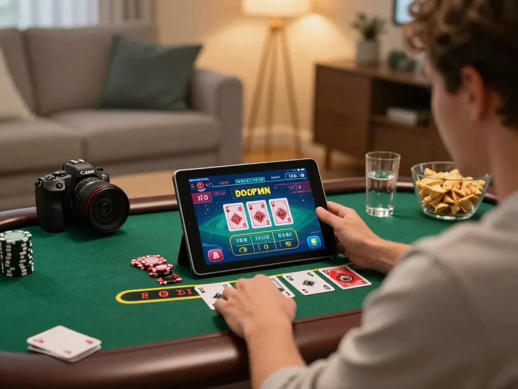 MB66 player engaging in live dealer blackjack, showcasing a tablet setup in a stylish home.