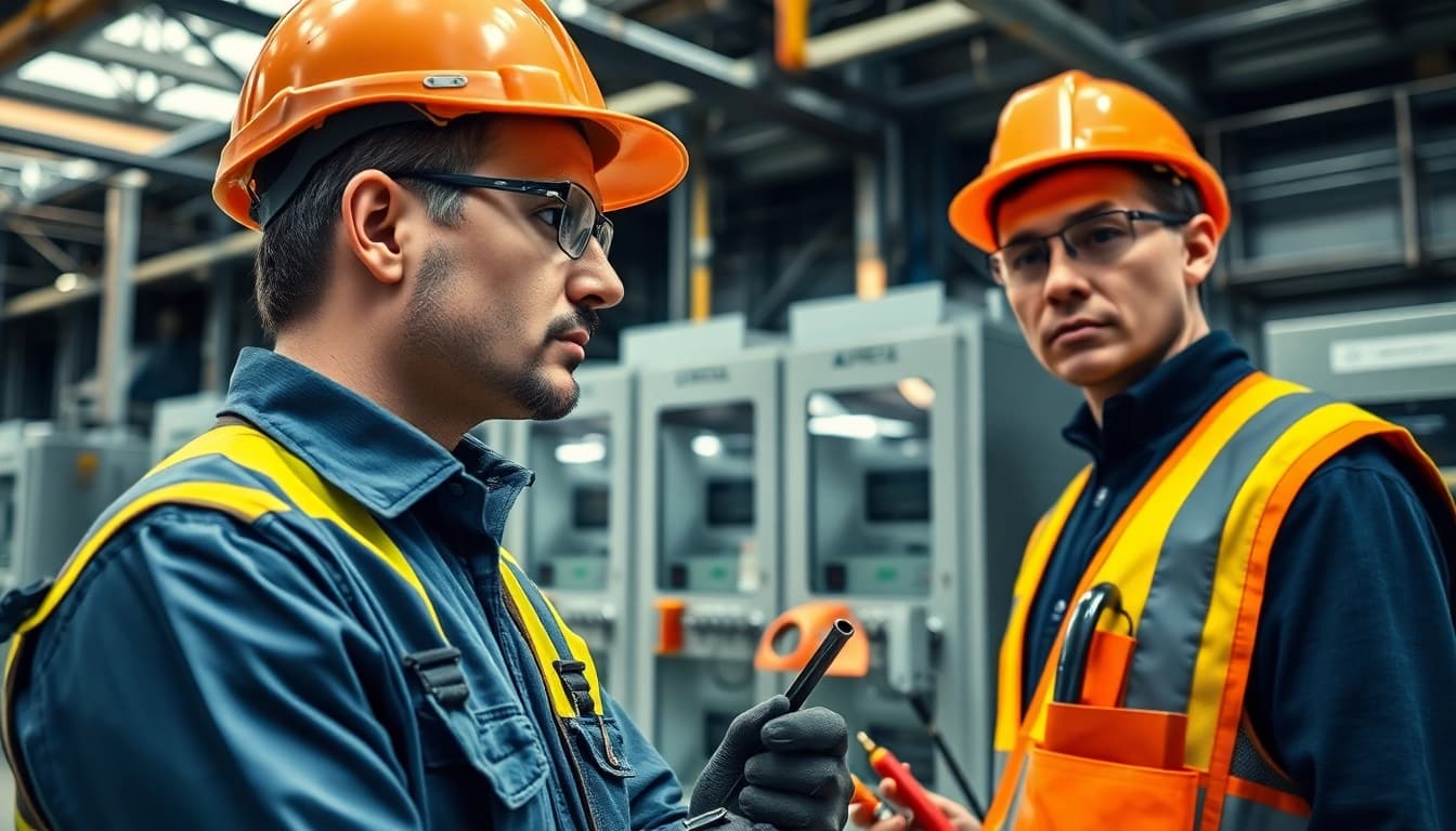 DGUV V3 Prüfung durch Techniker in einer Industrieumgebung, die Sicherheitsinspektion durchführt.