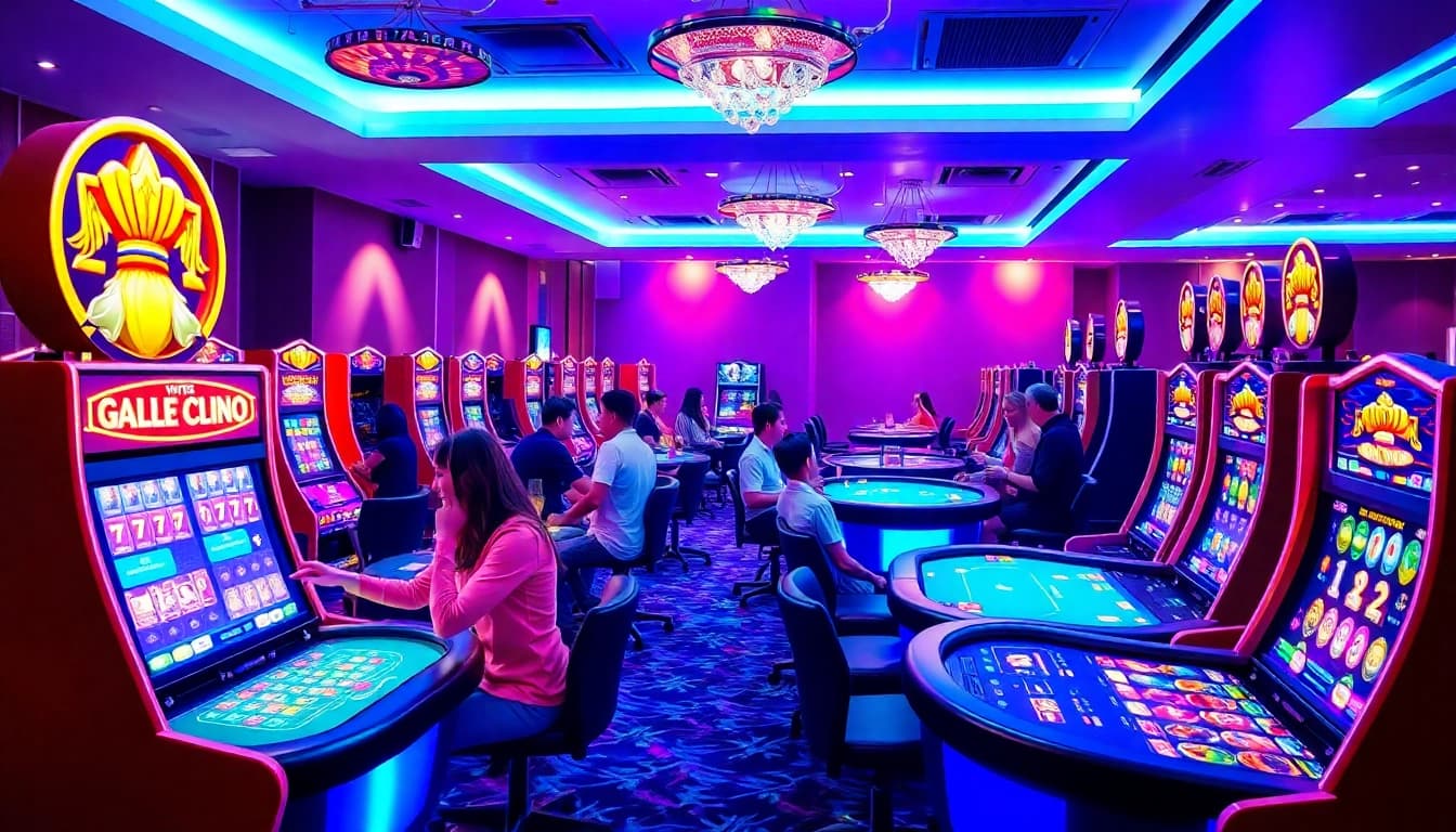 Experience thrilling games at Online Casinos Österreich, showcasing vibrant slot machines and tables for players.
