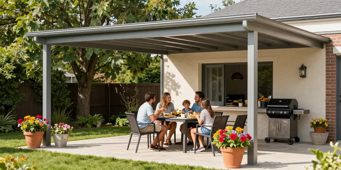 Moderne Terrassenüberdachung schützt eine Familie beim Essen im Garten.