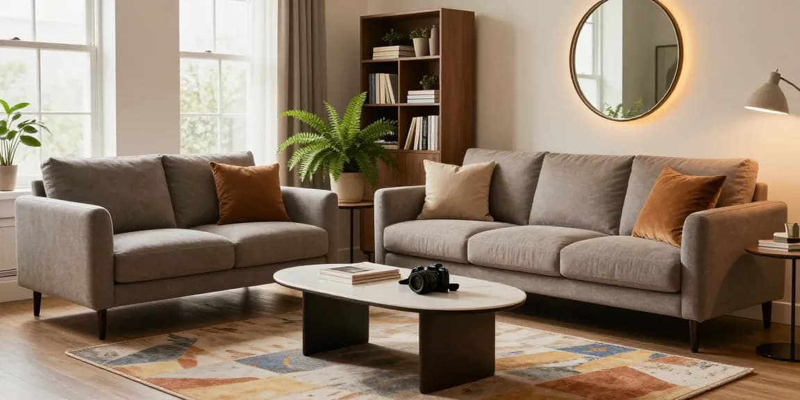 Modernes Wohnzimmer mit stilvollem Sofa und runden Beistelltisch, einladende Atmosphäre für möbel direkt bestellen.