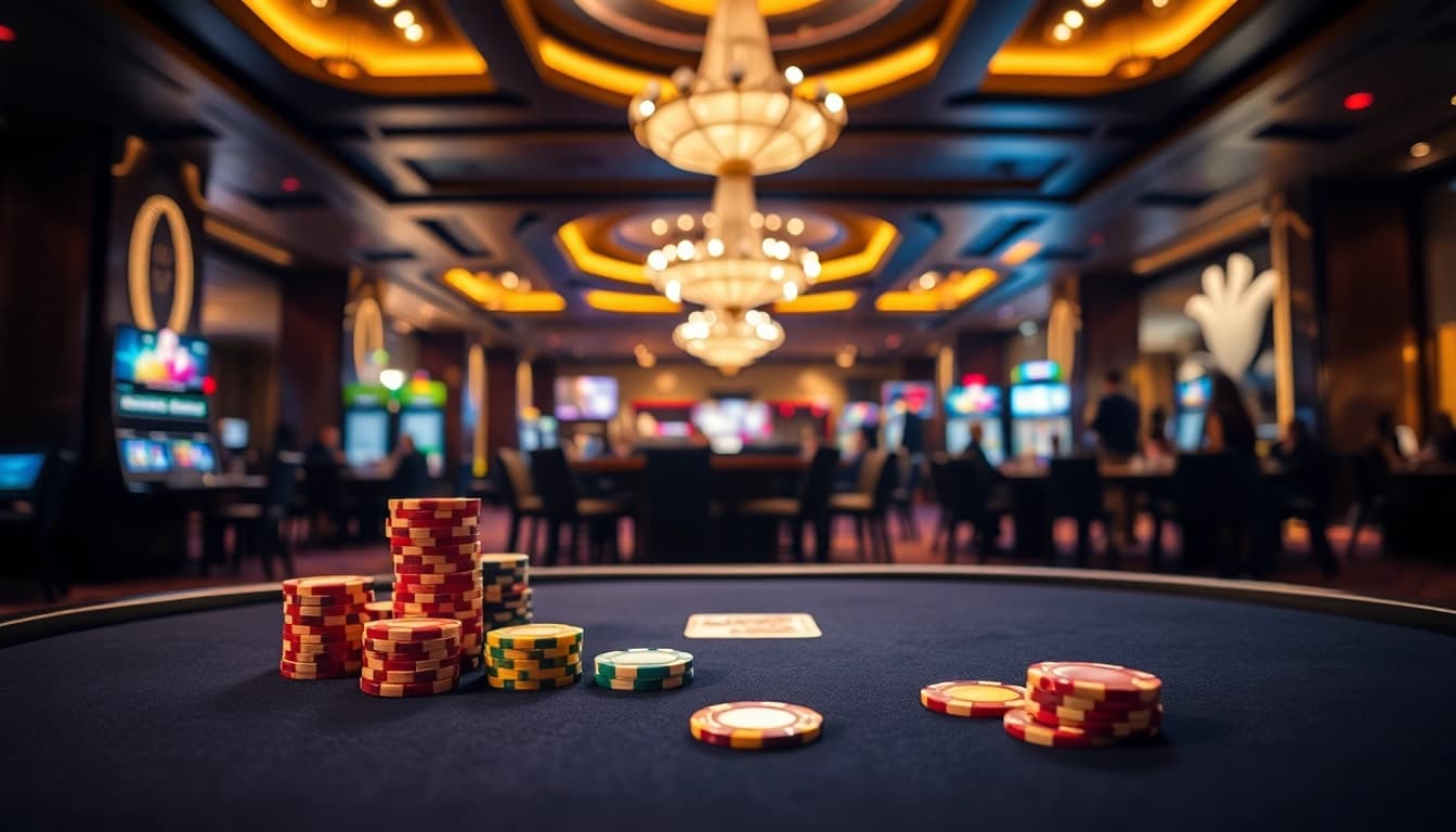 Spielen Sie bei casino spiele.de am luxuriösen Tisch mit bunten Chips und eleganter Atmosphäre.