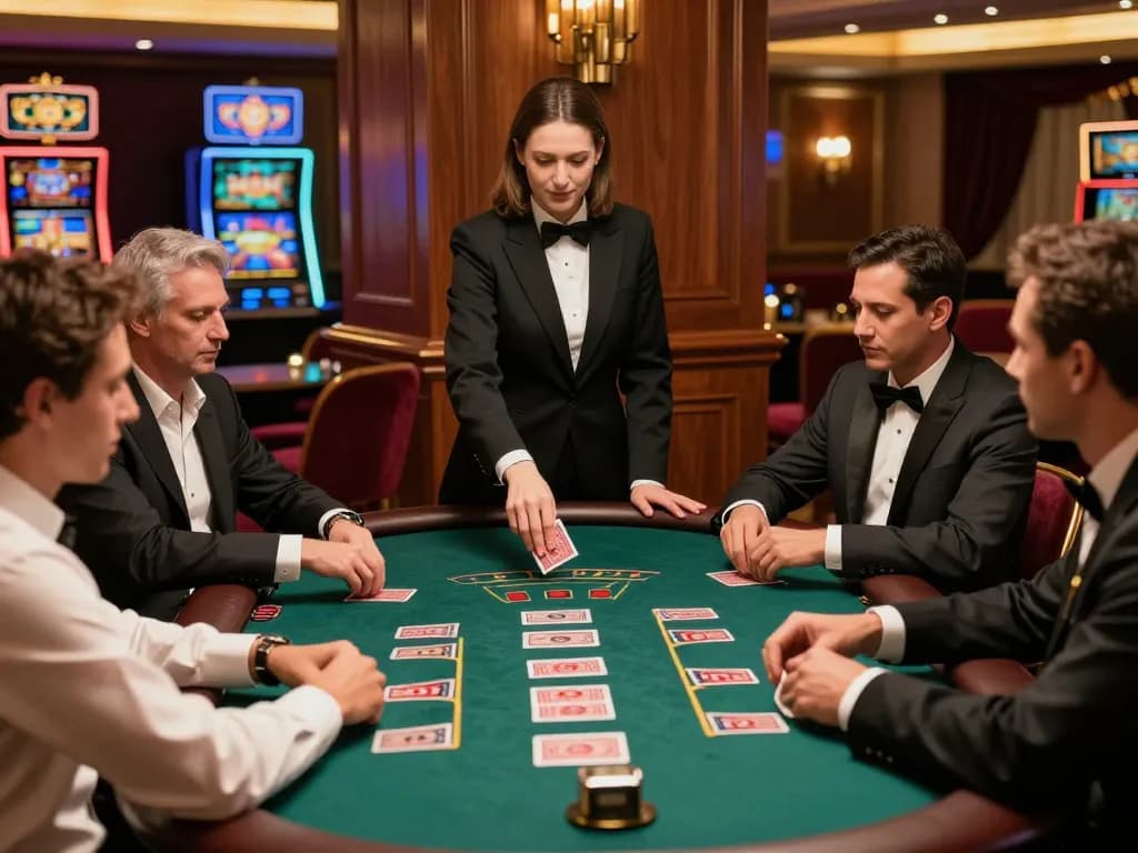 Engaged players at https://va88.uno/ blackjack table showcasing strategic gameplay in a luxurious casino.