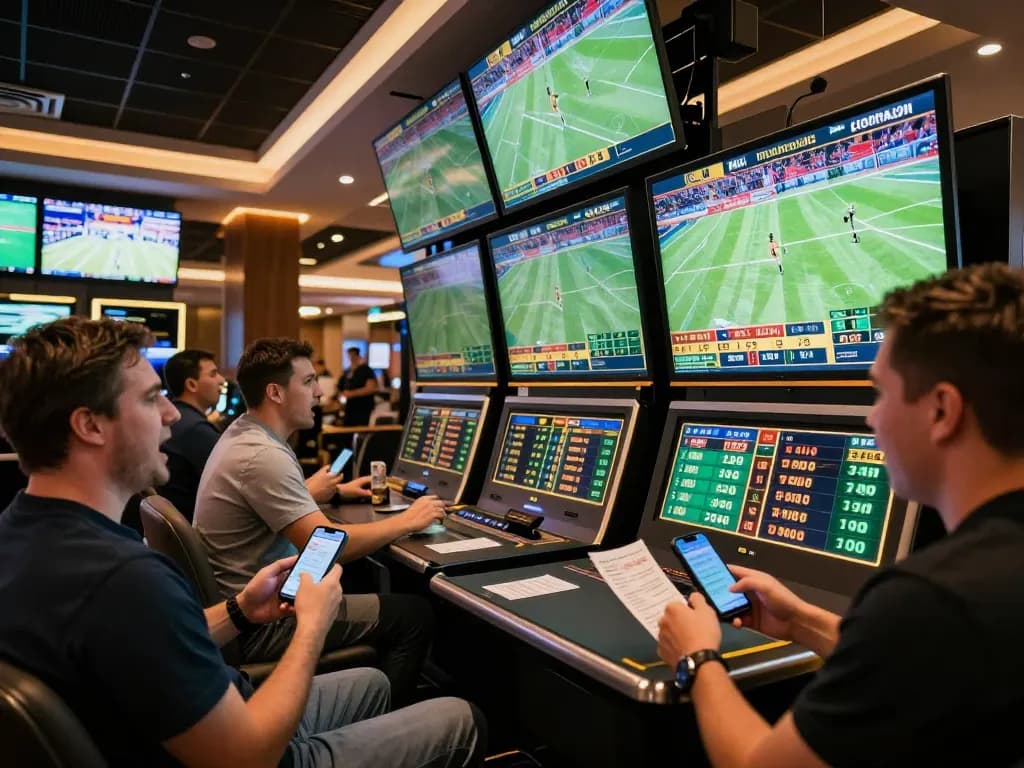 Tỷ lệ kèo nhà cái hôm nay showcased in a vibrant sports betting lounge with bettors tracking live games