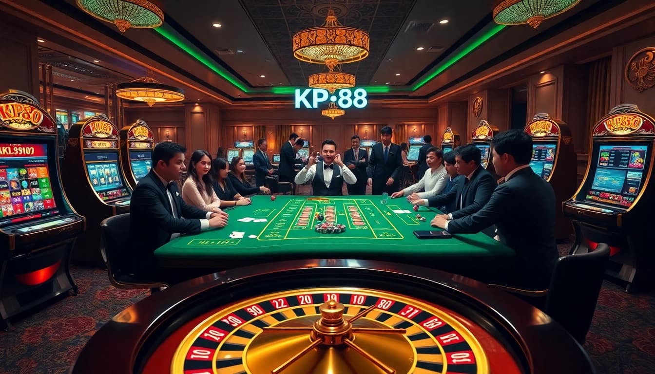 KP88 casino scene featuring players at a table, dealers, and vibrant slot machines.