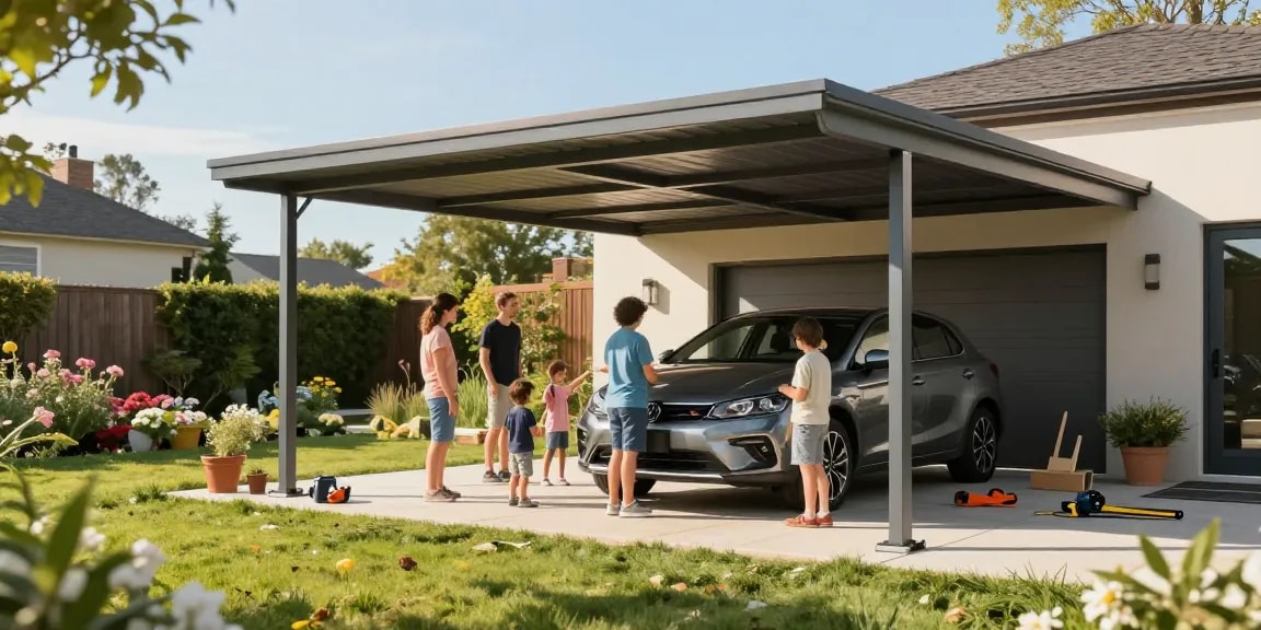 Moderne Carport-Installation mit einer Familie, die den neugebauten Carport bewundert.