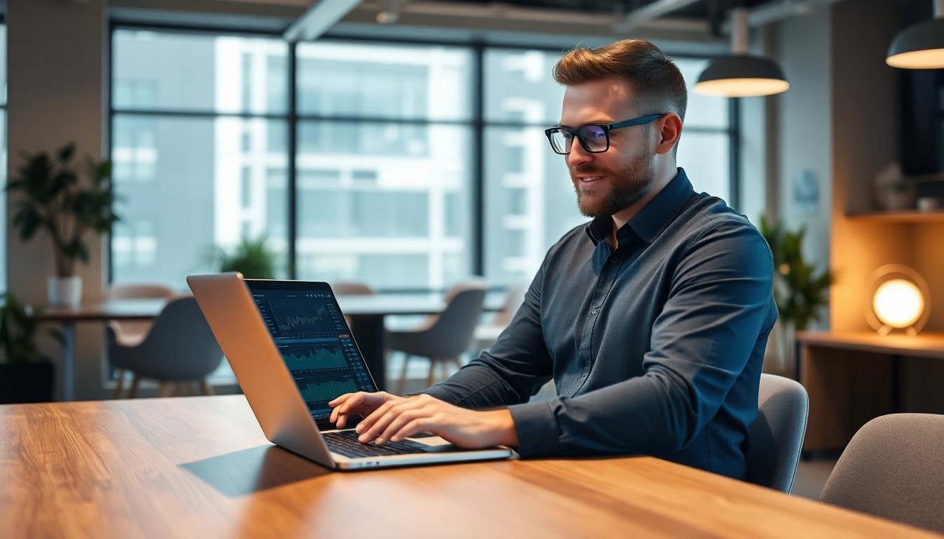 Händler nutzen BrightFunded Plattform auf Laptop in modernem Büro für erfolgreiches Trading.