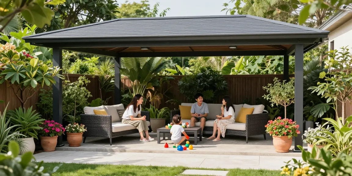 Freistehende Terrassenüberdachung in einem einladenden Garten mit Familie und Pflanzen.