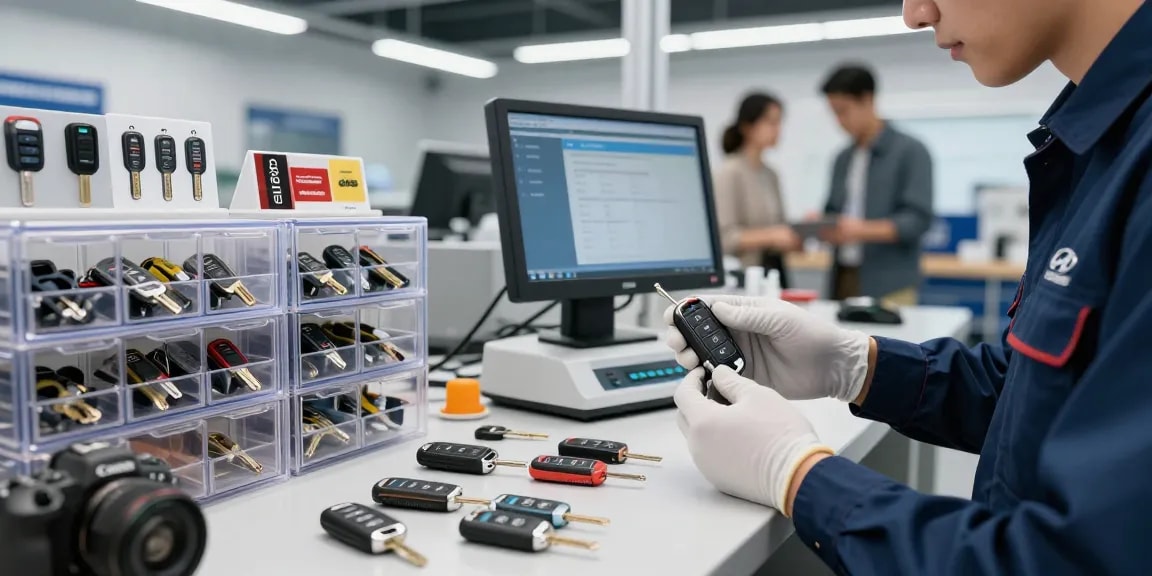Techniker zeigt Auto Schlüssel Lösungen für Hyundai Tucson in professioneller Werkstatt.
